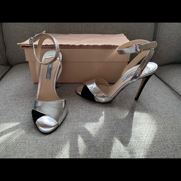 Prada Suede & Metallic Leather Ankle Strap Sandals - Picture 3 of 8